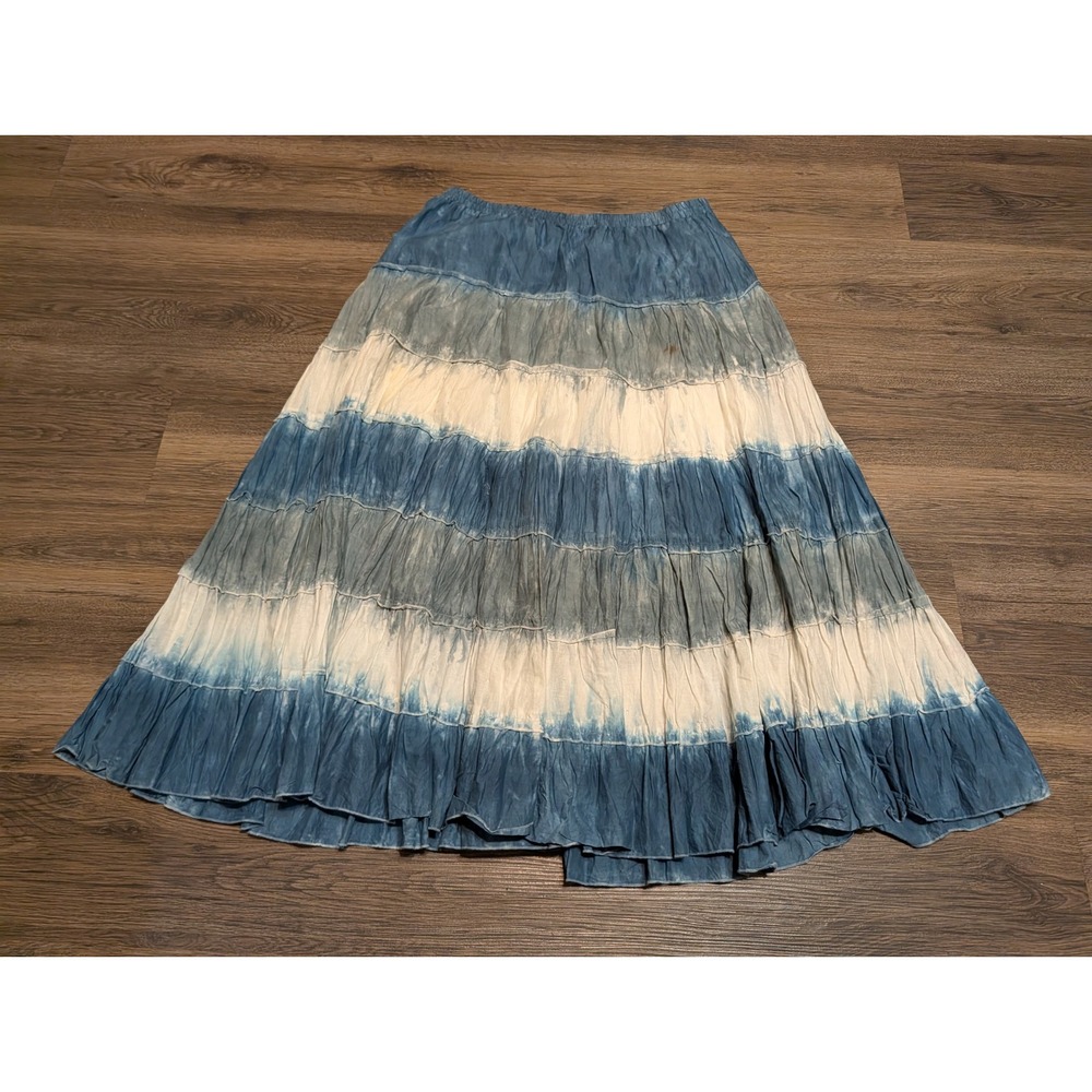 Multiples Womens Large Blue Tie Dye Tiered Maxi Skirt Cotton Boho Peasant Lined